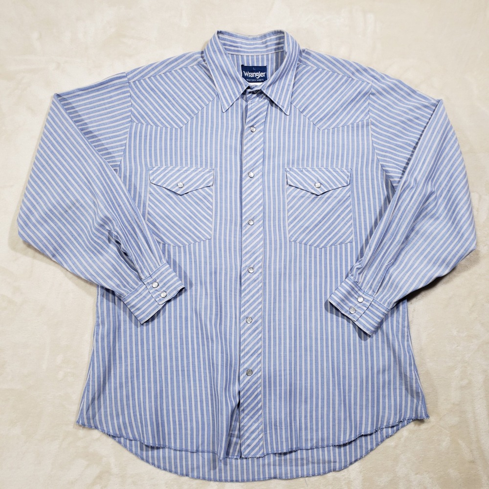 Wrangler Western Shirt Men Large Blue White Stripe Pearl Snap Button Long Sleeve